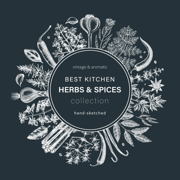 Hand-drawn herbs and spices round design. Hand-sketched food wreath on chalkboard. Vintage aromatic plants hand-drawing. Kitchen herbs and spice frame template in sketched style for menu or banners